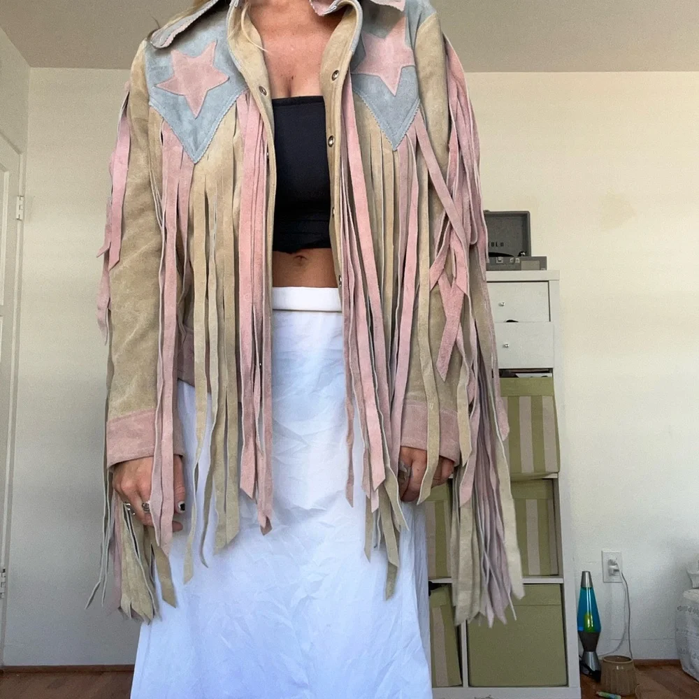 Women's Suede Fringe Jacket with Star Accents - Picture 4 of 6